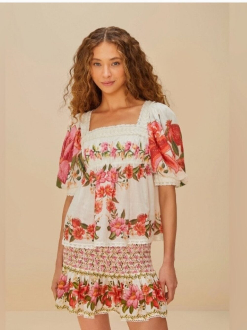 Farm Rio Summer Fruit Blouse/Shirt/Top Pink White Floral Beaded Tassels Medium